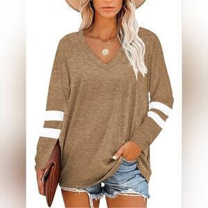 Casual V-Neck Long Sleeve Top in Taupe with White Sleeve Stripes